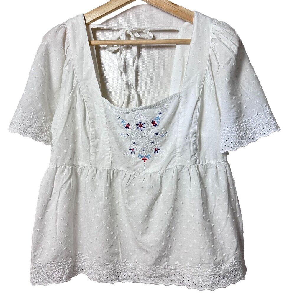 Old Navy Top Womens Med Peasant Eyelet White Blue Embroidery Boho Tie Back New